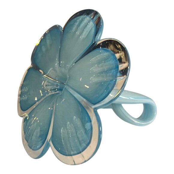 Hand-Blown Art Glass Flower Sculpture – Blue & White Swirl – Curling Stem 7" - Picture 5 of 7